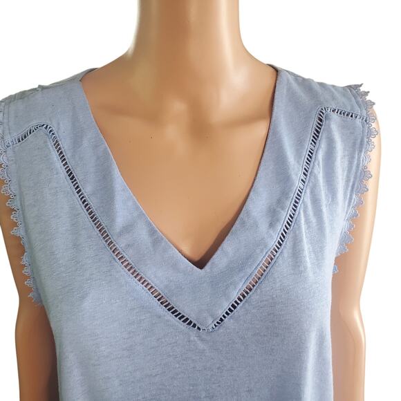 Cyrus Size L Linen / Cotton Blend Eyelet Trim Split Hem Tank Top Blue - Picture 2 of 8